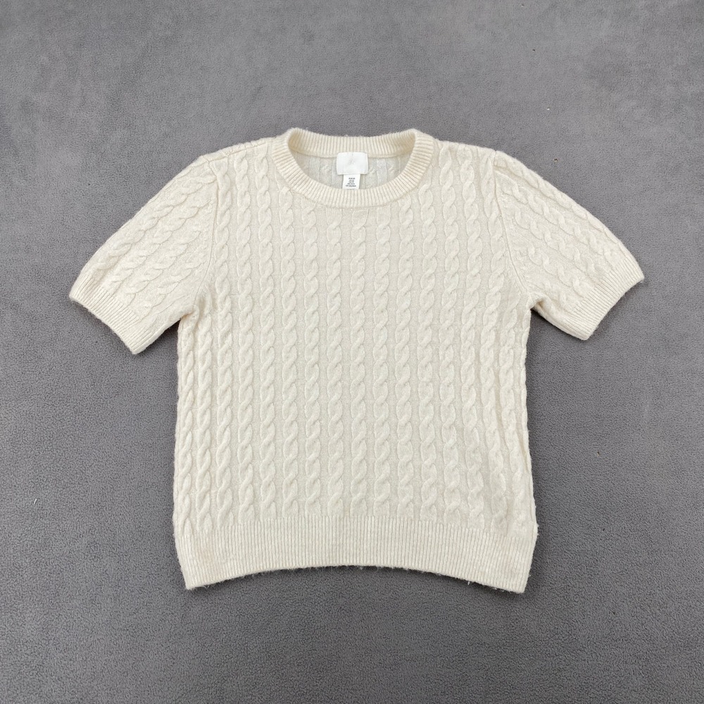 HM Cream White Cable Knit Short Sleeve Sweater Crew Neck XS Preppy Classic